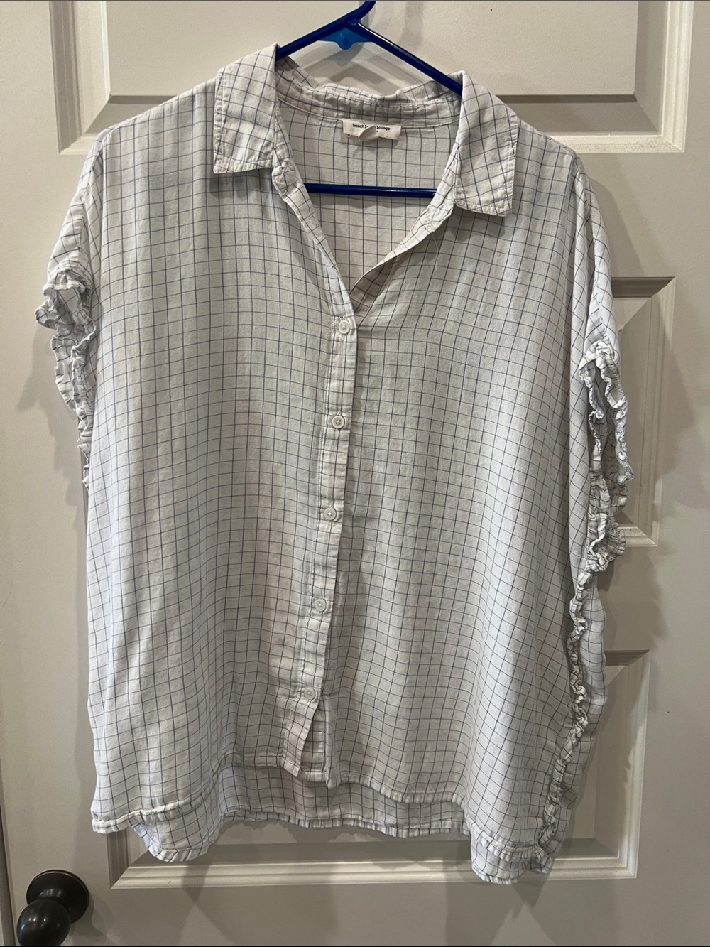Beach Lunch Lounge Light Blue Grid Button-Up Blouse with Ruffle Sleeves Sz XL